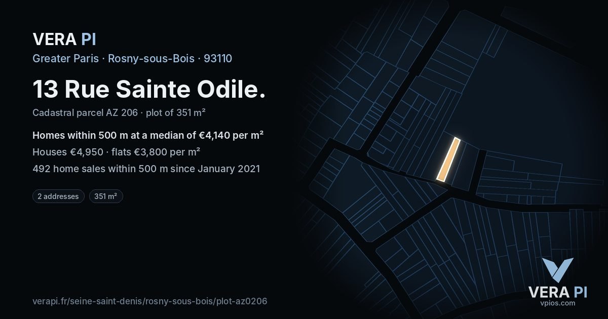 13 Rue Sainte Odile, Rosny-sous-Bois at night – the plot lit, the parcels around coloured by the prices near them