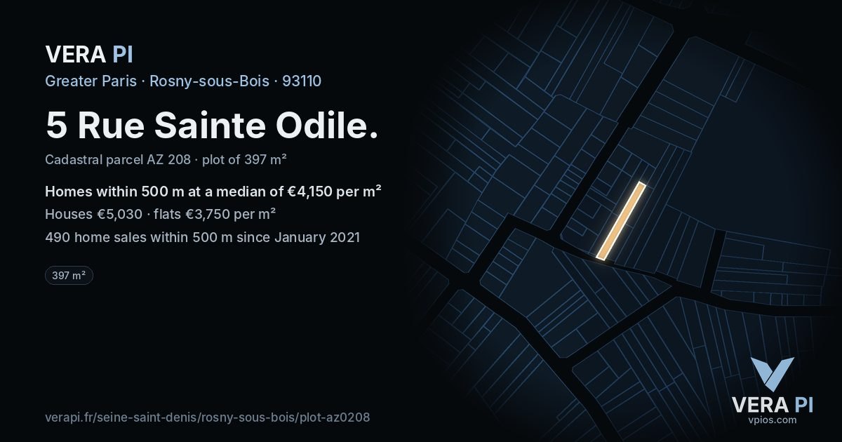 5 Rue Sainte Odile, Rosny-sous-Bois at night – the plot lit, the parcels around coloured by the prices near them