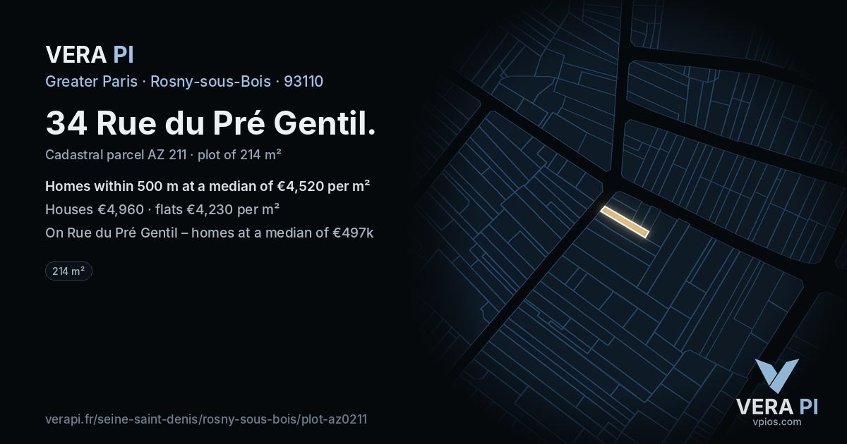 34 Rue du Pré Gentil, Rosny-sous-Bois at night – the plot lit, the parcels around coloured by the prices near them
