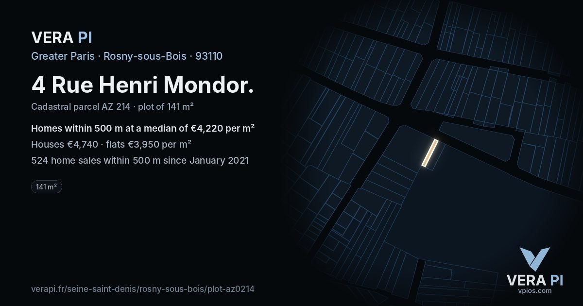 4 Rue Henri Mondor, Rosny-sous-Bois at night – the plot lit, the parcels around coloured by the prices near them