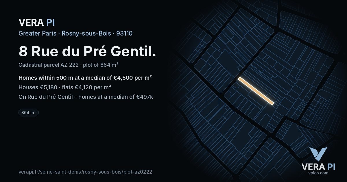 8 Rue du Pré Gentil, Rosny-sous-Bois at night – the plot lit, the parcels around coloured by the prices near them
