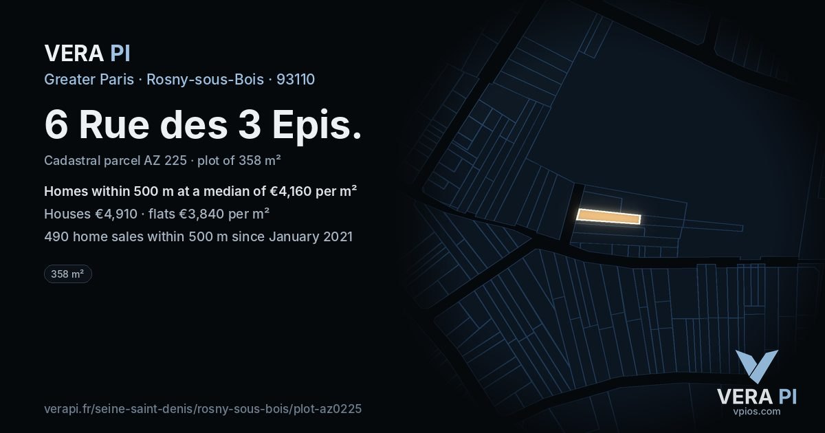 6 Rue des 3 Epis, Rosny-sous-Bois at night – the plot lit, the parcels around coloured by the prices near them