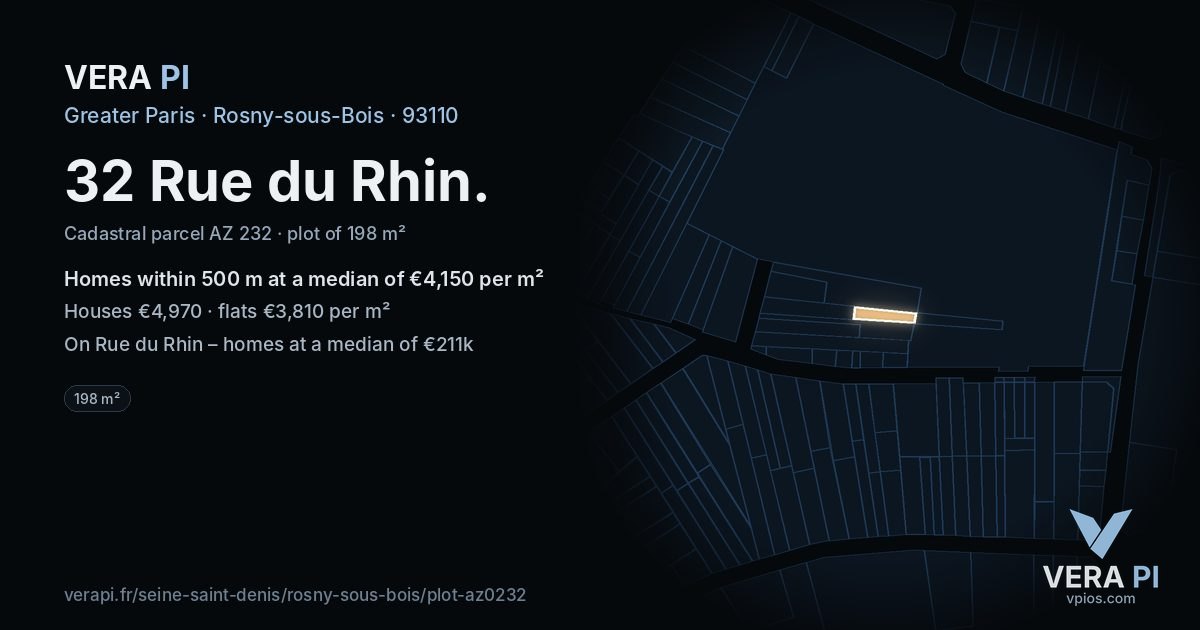 32 Rue du Rhin, Rosny-sous-Bois at night – the plot lit, the parcels around coloured by the prices near them
