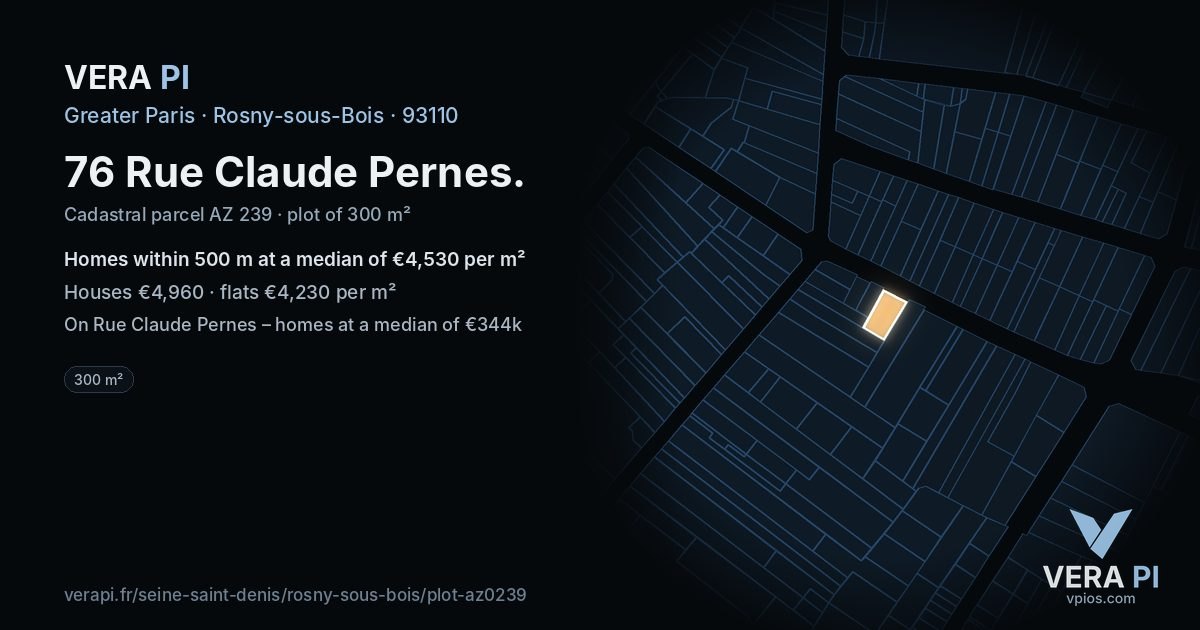 76 Rue Claude Pernes, Rosny-sous-Bois at night – the plot lit, the parcels around coloured by the prices near them