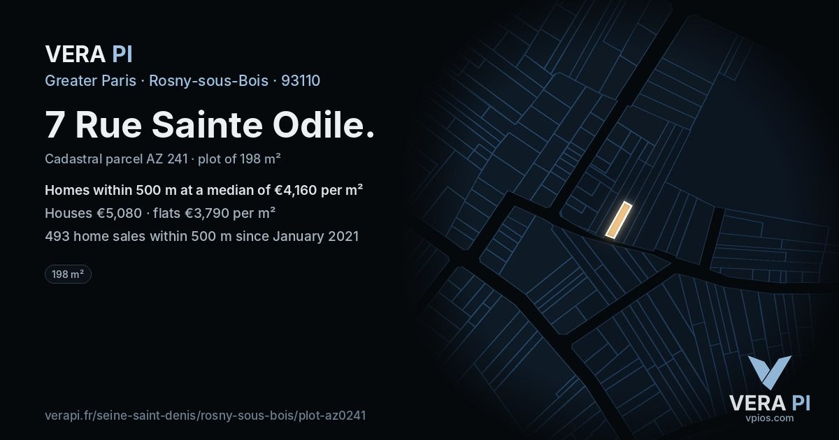 7 Rue Sainte Odile, Rosny-sous-Bois at night – the plot lit, the parcels around coloured by the prices near them