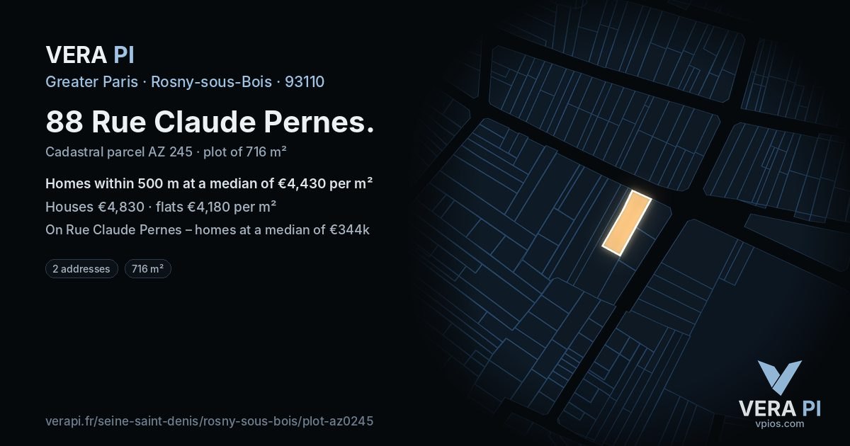 88 Rue Claude Pernes, Rosny-sous-Bois at night – the plot lit, the parcels around coloured by the prices near them