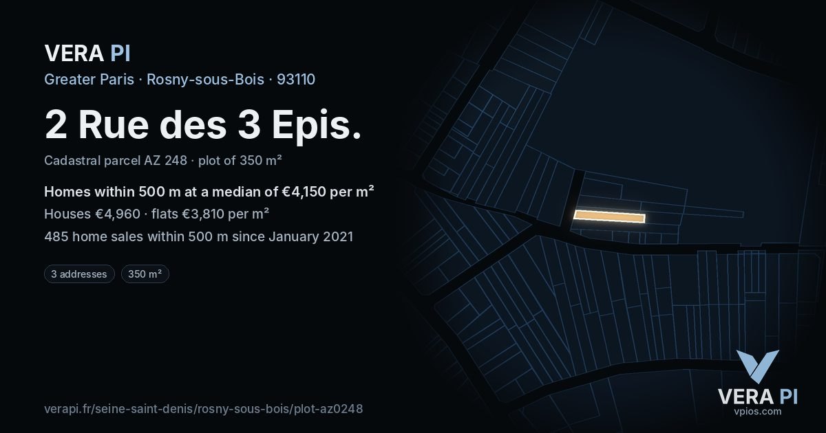 2 Rue des 3 Epis, Rosny-sous-Bois at night – the plot lit, the parcels around coloured by the prices near them