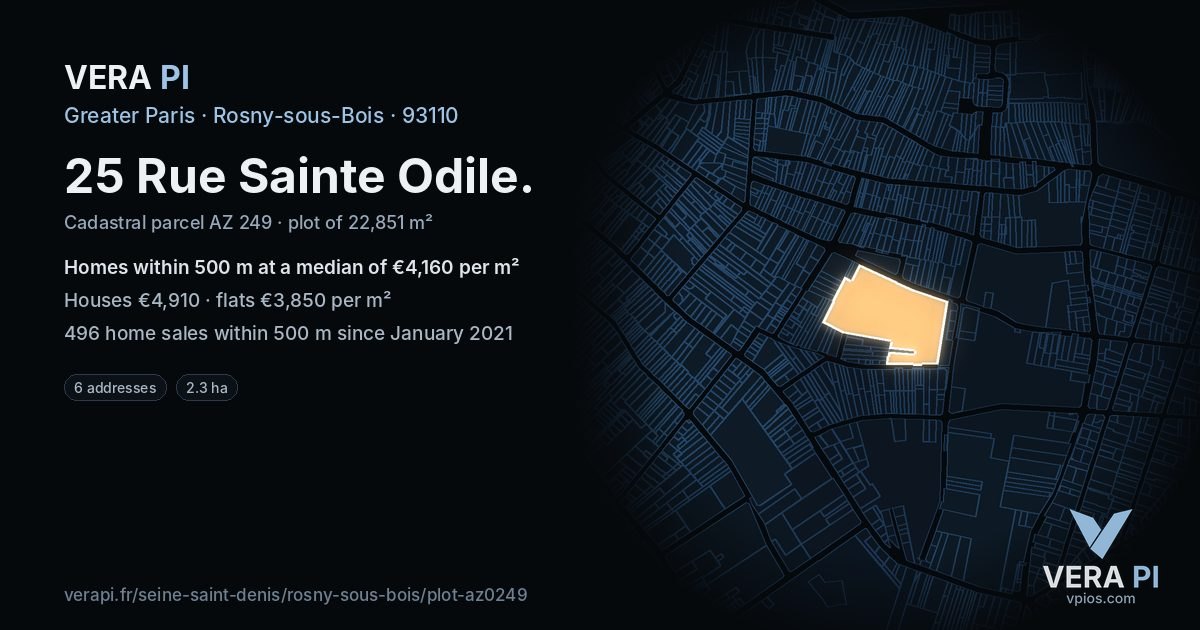 25 Rue Sainte Odile, Rosny-sous-Bois at night – the plot lit, the parcels around coloured by the prices near them