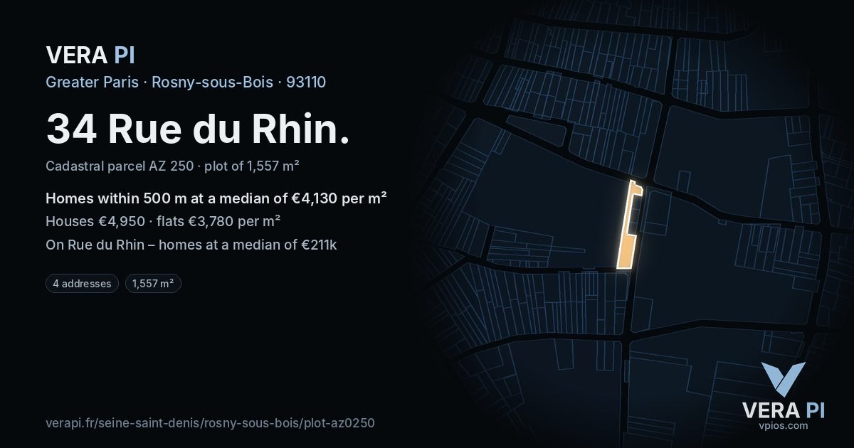34 Rue du Rhin, Rosny-sous-Bois at night – the plot lit, the parcels around coloured by the prices near them