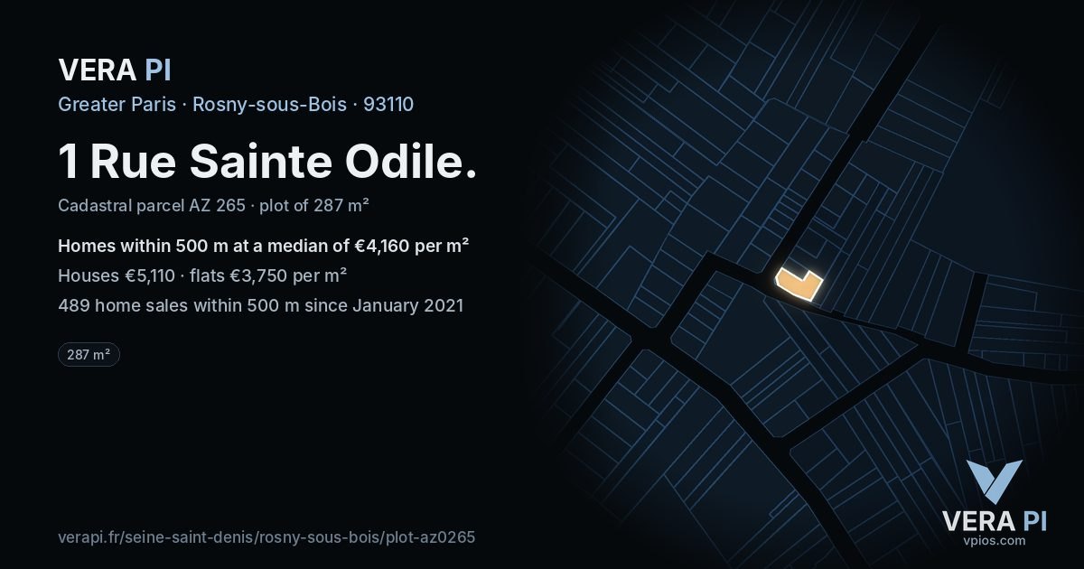 1 Rue Sainte Odile, Rosny-sous-Bois at night – the plot lit, the parcels around coloured by the prices near them