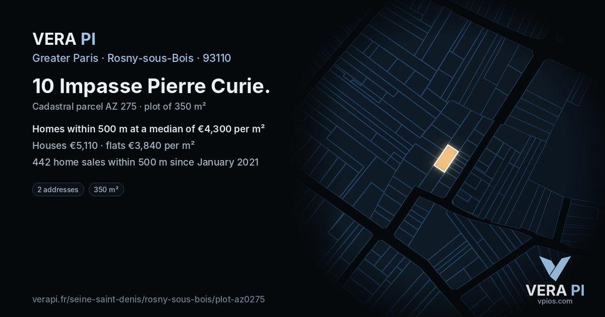 10 Impasse Pierre Curie, Rosny-sous-Bois at night – the plot lit, the parcels around coloured by the prices near them