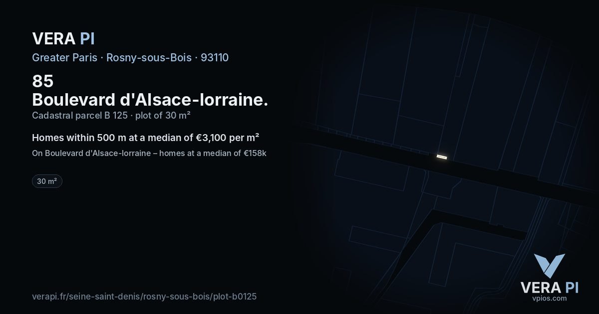 85 Boulevard d'Alsace-lorraine, Rosny-sous-Bois at night – the plot lit, the parcels around coloured by the prices near them