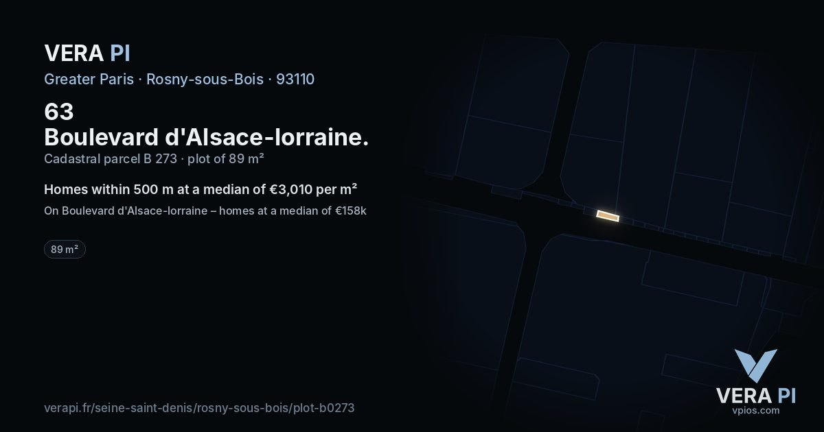 63 Boulevard d'Alsace-lorraine, Rosny-sous-Bois at night – the plot lit, the parcels around coloured by the prices near them