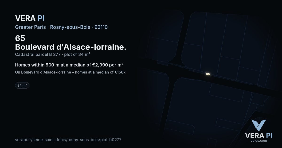 65 Boulevard d'Alsace-lorraine, Rosny-sous-Bois at night – the plot lit, the parcels around coloured by the prices near them