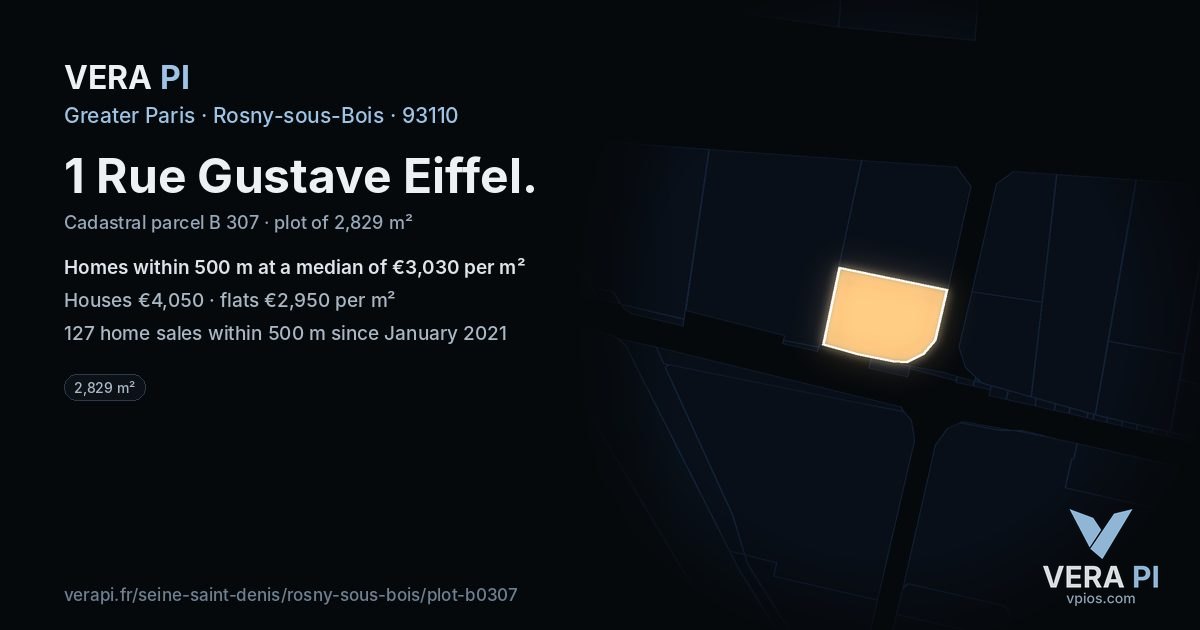 1 Rue Gustave Eiffel, Rosny-sous-Bois at night – the plot lit, the parcels around coloured by the prices near them