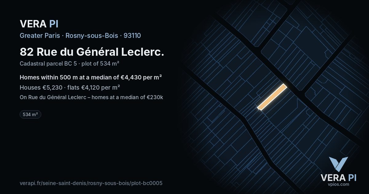 82 Rue du Général Leclerc, Rosny-sous-Bois at night – the plot lit, the parcels around coloured by the prices near them