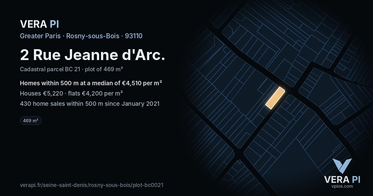 2 Rue Jeanne d'Arc, Rosny-sous-Bois at night – the plot lit, the parcels around coloured by the prices near them