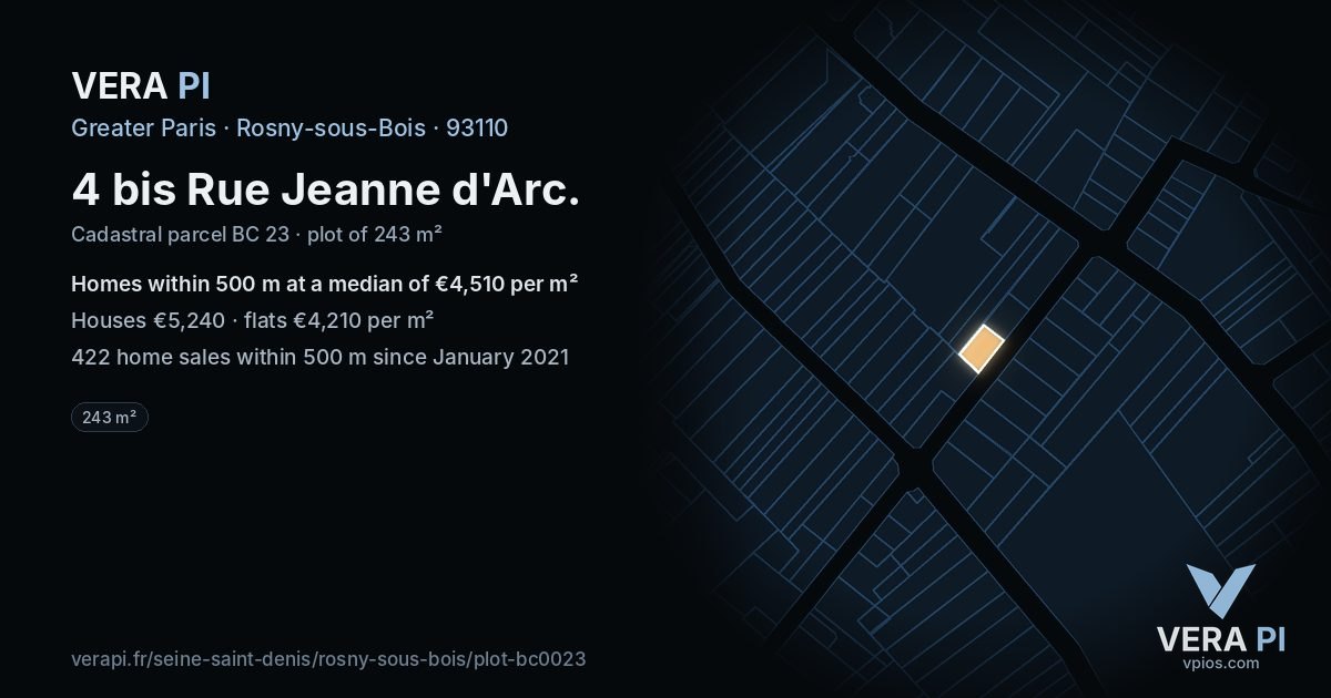 4 bis Rue Jeanne d'Arc, Rosny-sous-Bois at night – the plot lit, the parcels around coloured by the prices near them