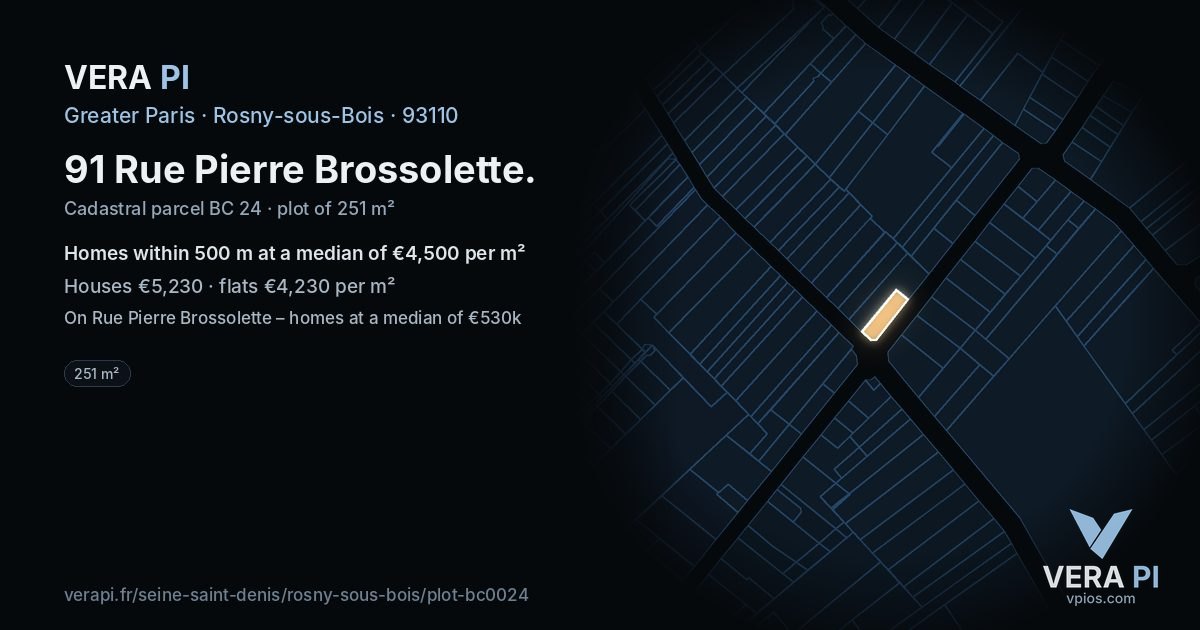 91 Rue Pierre Brossolette, Rosny-sous-Bois at night – the plot lit, the parcels around coloured by the prices near them