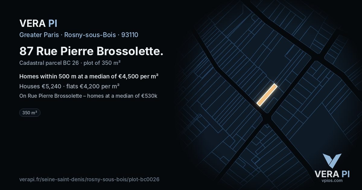 87 Rue Pierre Brossolette, Rosny-sous-Bois at night – the plot lit, the parcels around coloured by the prices near them