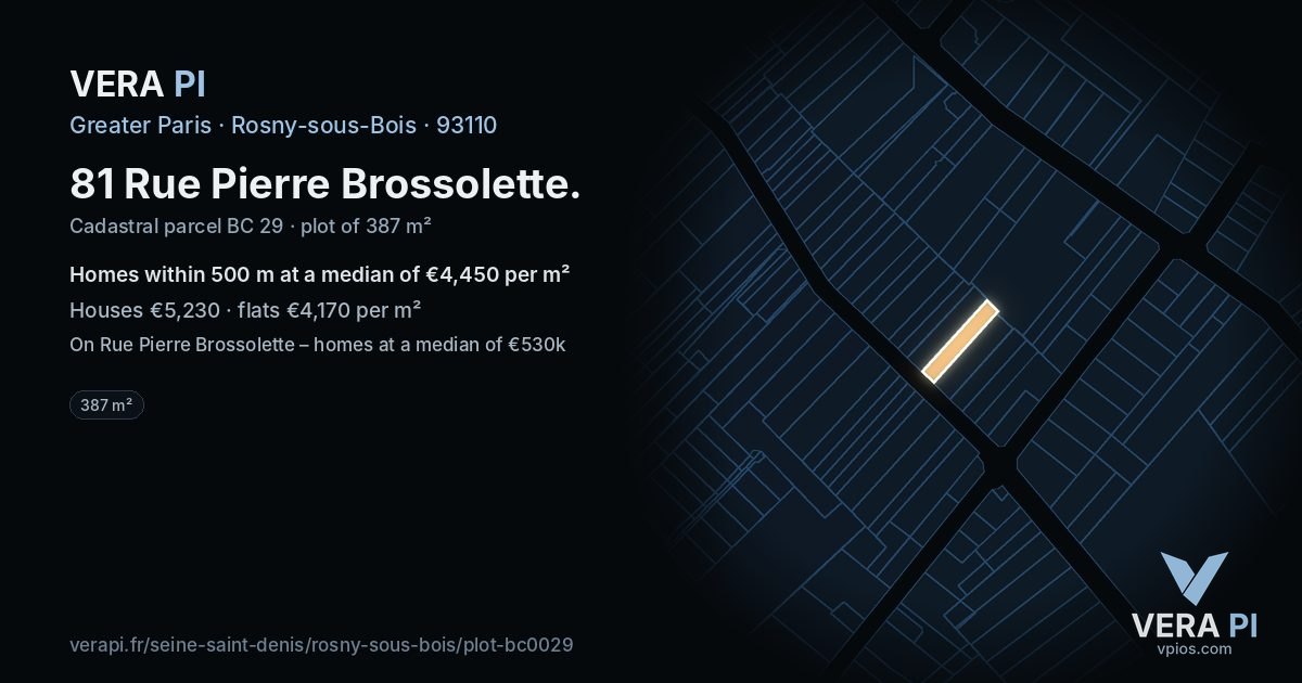 81 Rue Pierre Brossolette, Rosny-sous-Bois at night – the plot lit, the parcels around coloured by the prices near them