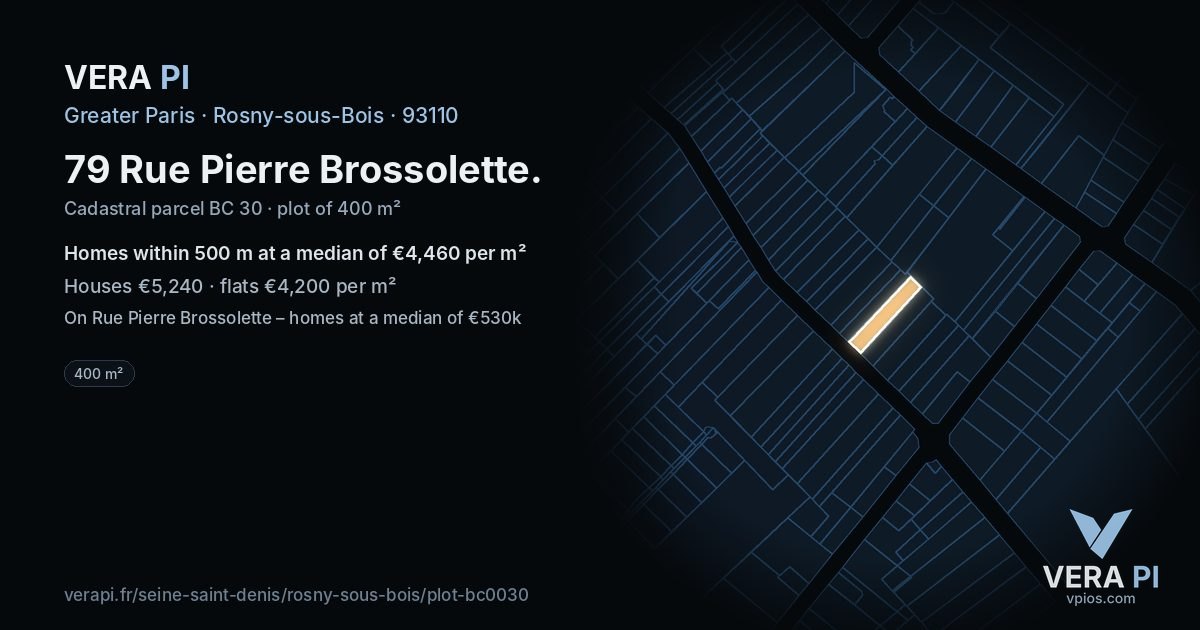 79 Rue Pierre Brossolette, Rosny-sous-Bois at night – the plot lit, the parcels around coloured by the prices near them