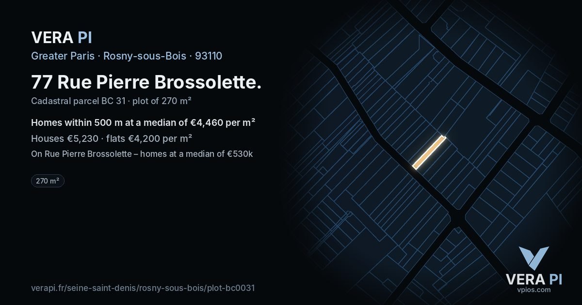 77 Rue Pierre Brossolette, Rosny-sous-Bois at night – the plot lit, the parcels around coloured by the prices near them