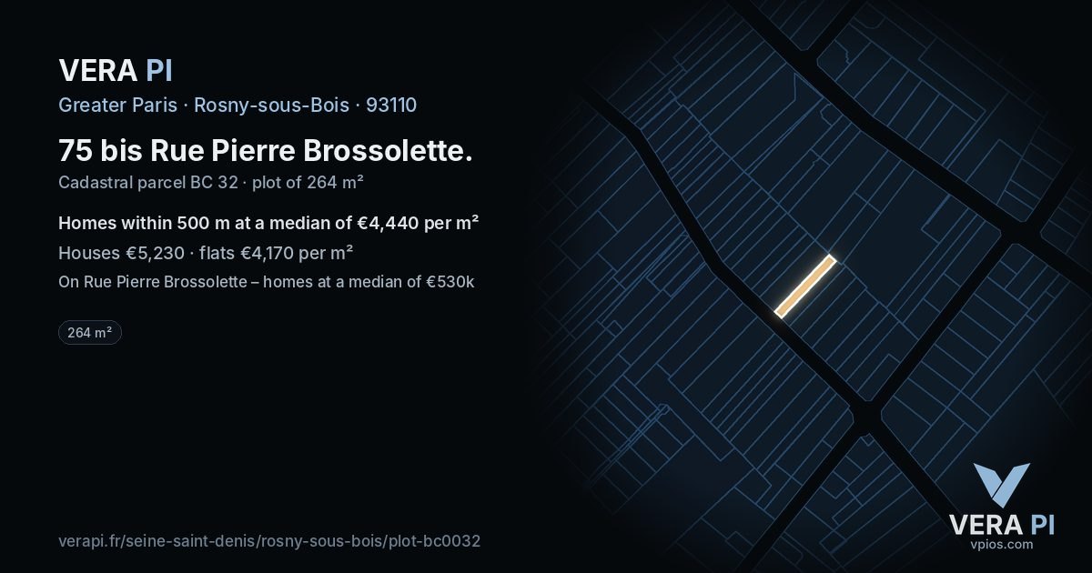 75 bis Rue Pierre Brossolette, Rosny-sous-Bois at night – the plot lit, the parcels around coloured by the prices near them