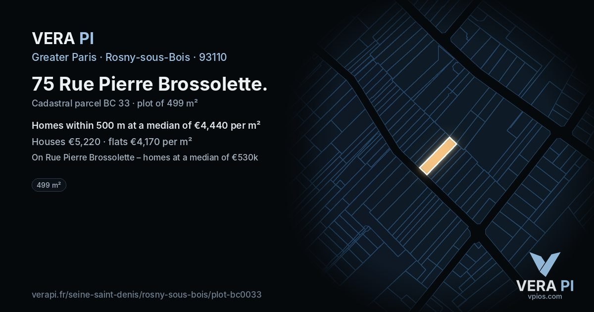 75 Rue Pierre Brossolette, Rosny-sous-Bois at night – the plot lit, the parcels around coloured by the prices near them