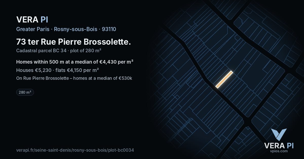 73 ter Rue Pierre Brossolette, Rosny-sous-Bois at night – the plot lit, the parcels around coloured by the prices near them
