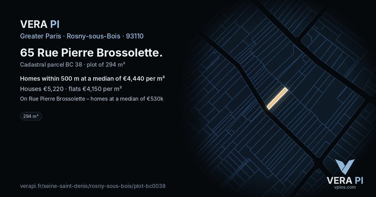 65 Rue Pierre Brossolette, Rosny-sous-Bois at night – the plot lit, the parcels around coloured by the prices near them