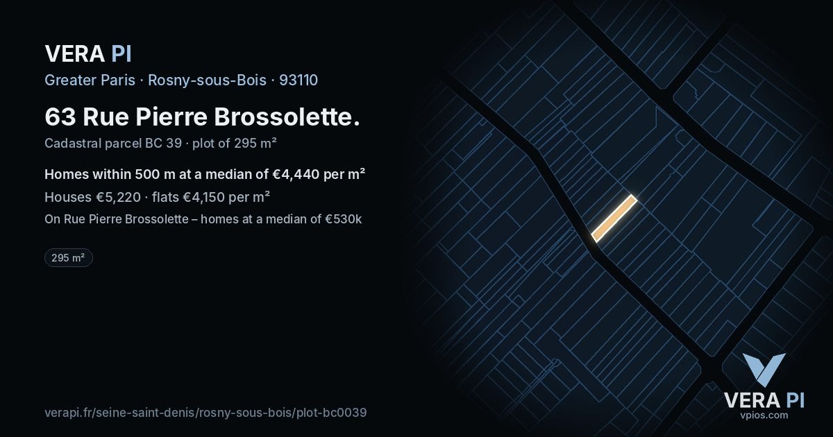 63 Rue Pierre Brossolette, Rosny-sous-Bois at night – the plot lit, the parcels around coloured by the prices near them
