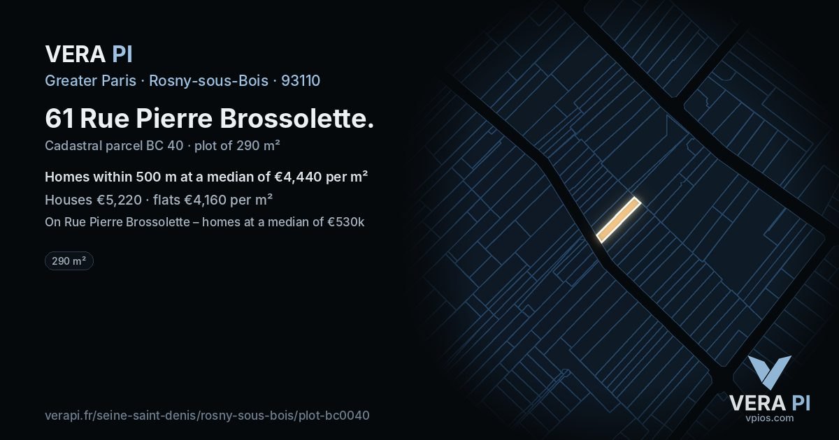 61 Rue Pierre Brossolette, Rosny-sous-Bois at night – the plot lit, the parcels around coloured by the prices near them