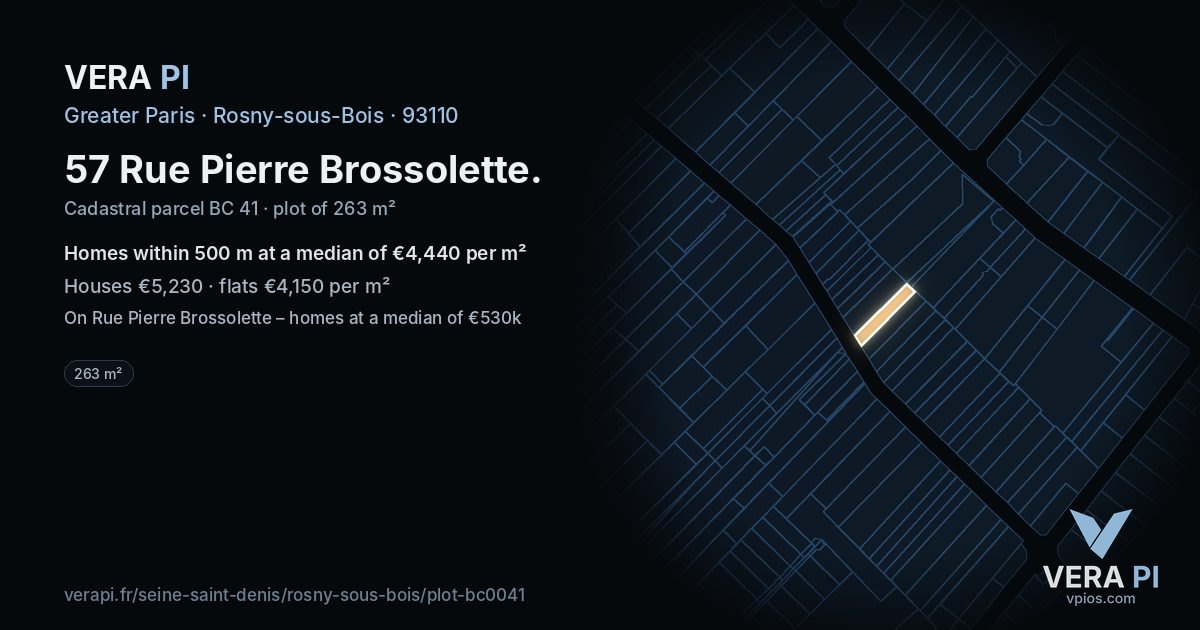 57 Rue Pierre Brossolette, Rosny-sous-Bois at night – the plot lit, the parcels around coloured by the prices near them