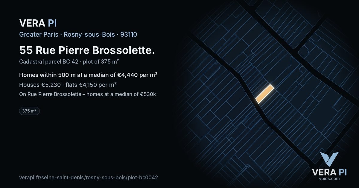 55 Rue Pierre Brossolette, Rosny-sous-Bois at night – the plot lit, the parcels around coloured by the prices near them