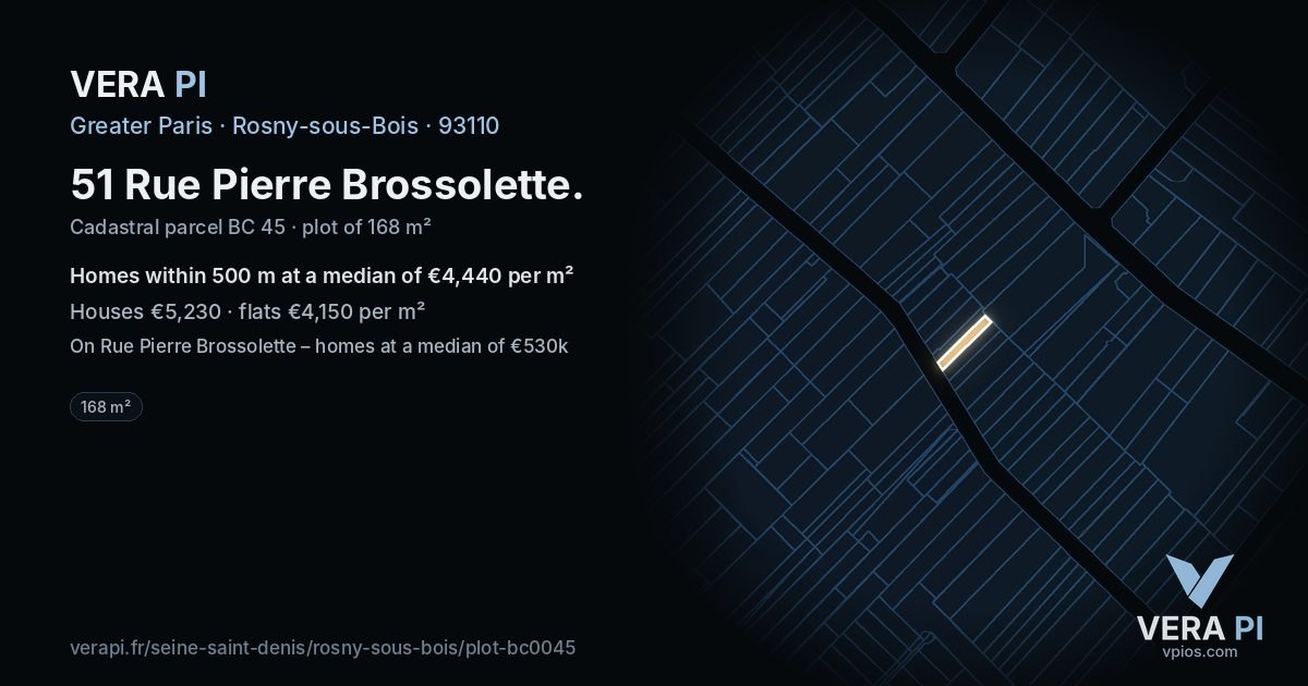 51 Rue Pierre Brossolette, Rosny-sous-Bois at night – the plot lit, the parcels around coloured by the prices near them