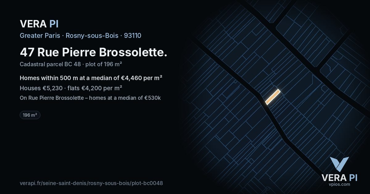 47 Rue Pierre Brossolette, Rosny-sous-Bois at night – the plot lit, the parcels around coloured by the prices near them