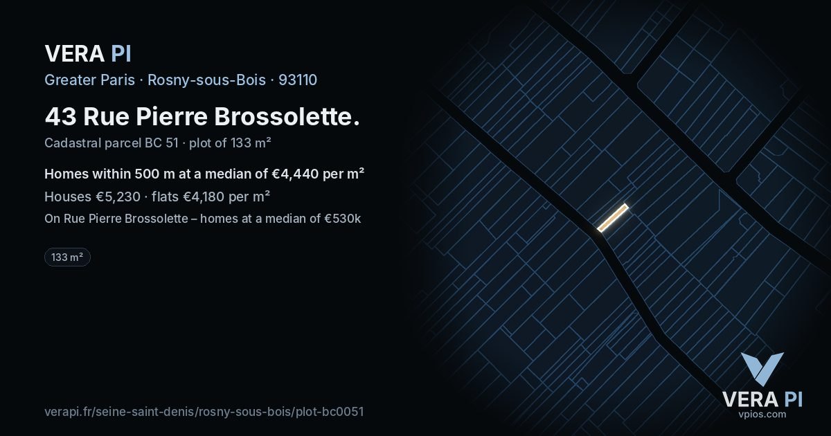 43 Rue Pierre Brossolette, Rosny-sous-Bois at night – the plot lit, the parcels around coloured by the prices near them