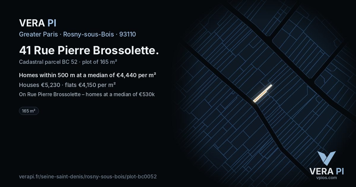 41 Rue Pierre Brossolette, Rosny-sous-Bois at night – the plot lit, the parcels around coloured by the prices near them