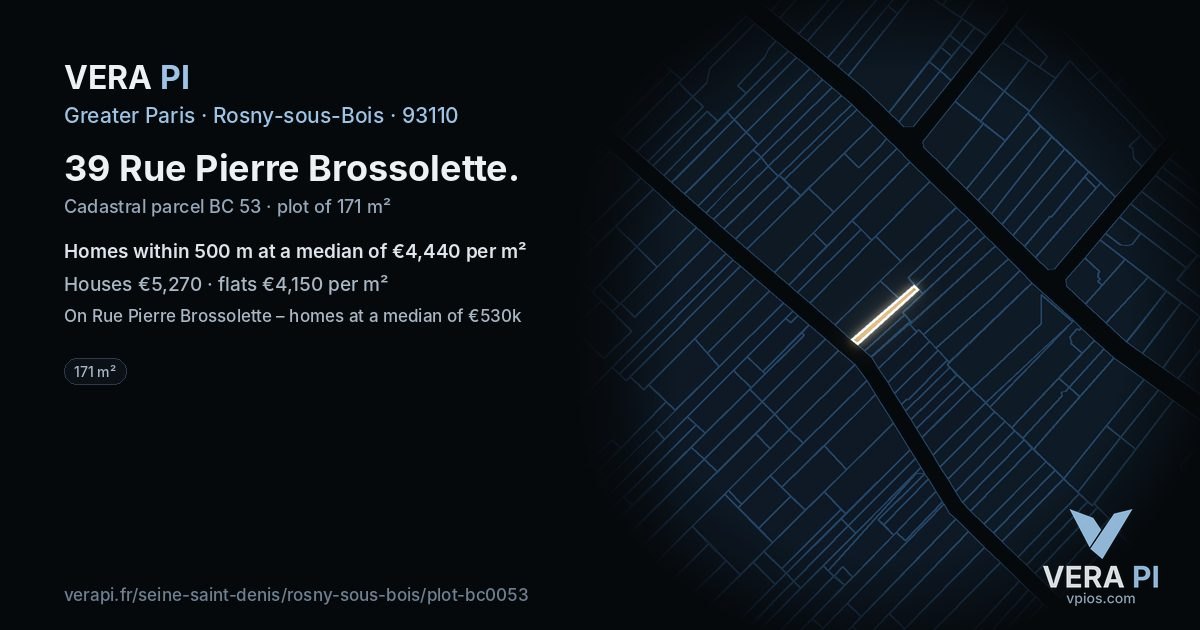 39 Rue Pierre Brossolette, Rosny-sous-Bois at night – the plot lit, the parcels around coloured by the prices near them