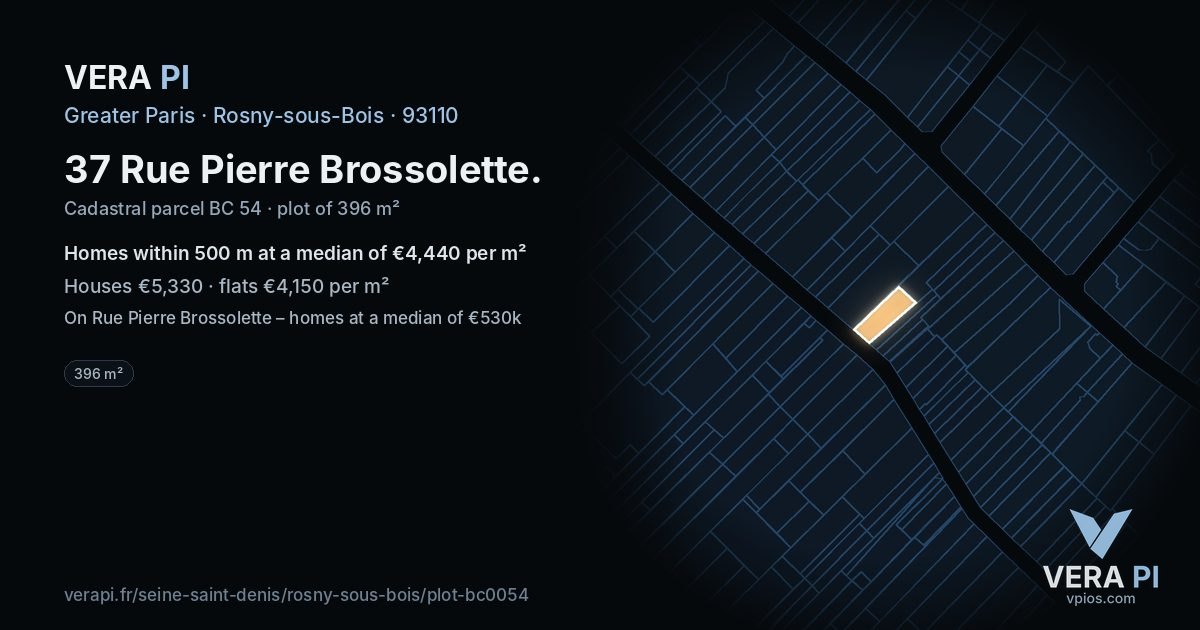 37 Rue Pierre Brossolette, Rosny-sous-Bois at night – the plot lit, the parcels around coloured by the prices near them