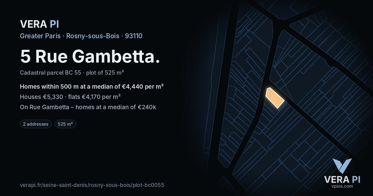 5 Rue Gambetta, Rosny-sous-Bois at night – the plot lit, the parcels around coloured by the prices near them