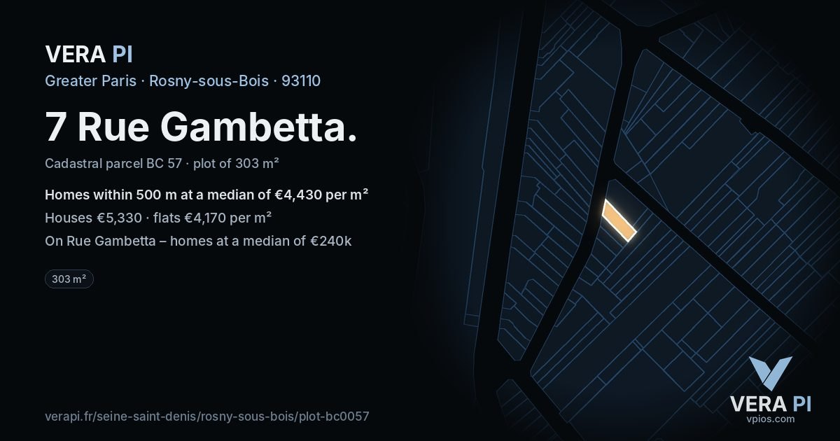 7 Rue Gambetta, Rosny-sous-Bois at night – the plot lit, the parcels around coloured by the prices near them