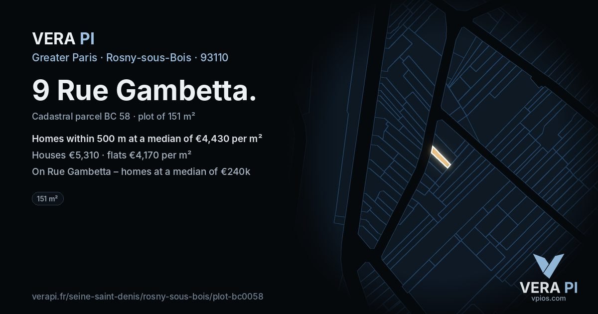 9 Rue Gambetta, Rosny-sous-Bois at night – the plot lit, the parcels around coloured by the prices near them