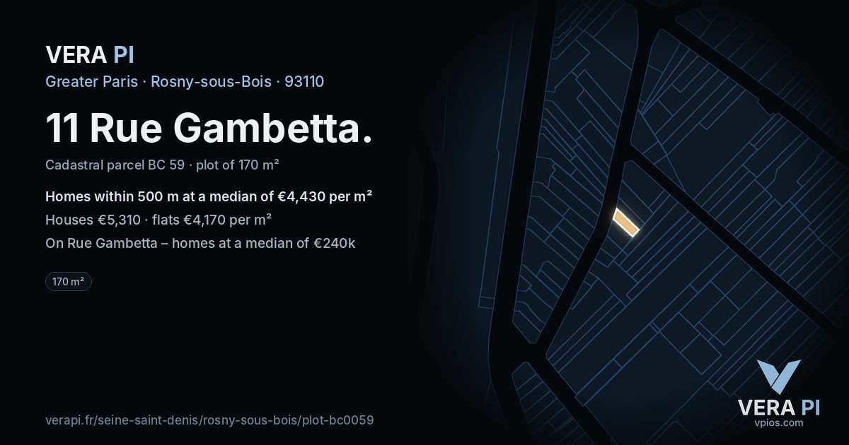 11 Rue Gambetta, Rosny-sous-Bois at night – the plot lit, the parcels around coloured by the prices near them