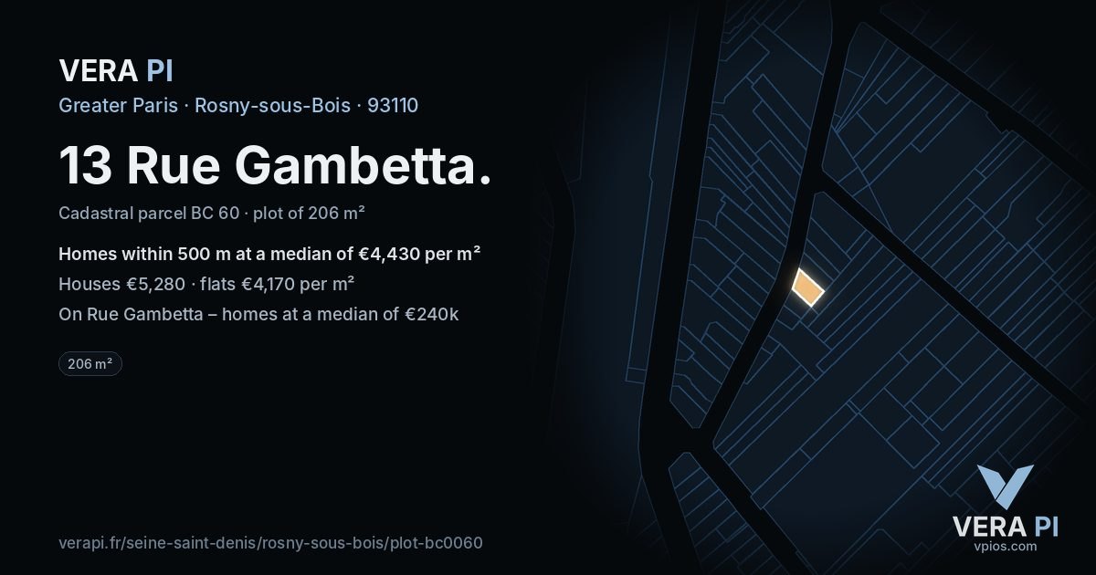 13 Rue Gambetta, Rosny-sous-Bois at night – the plot lit, the parcels around coloured by the prices near them
