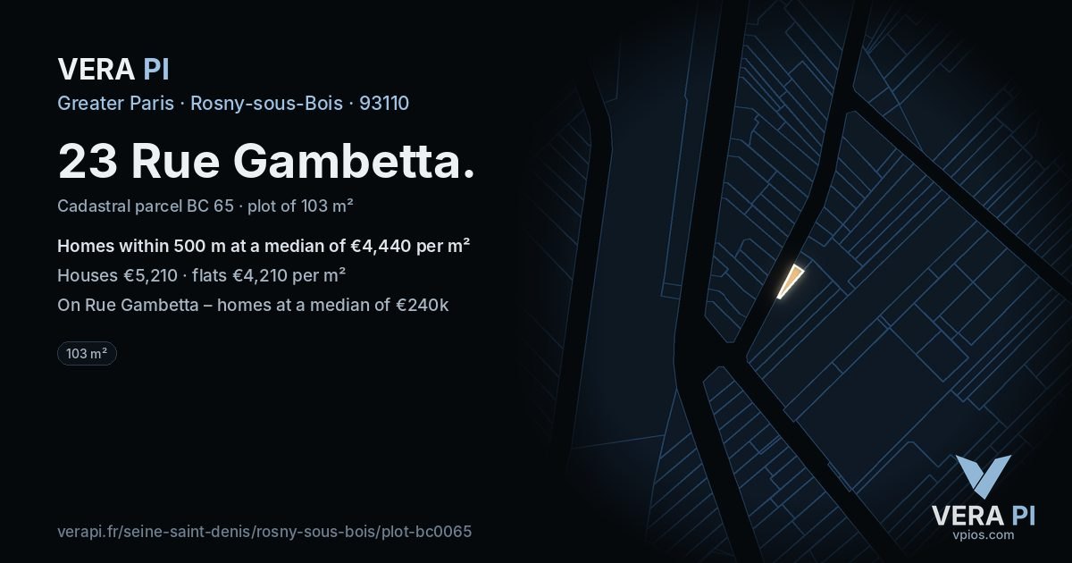 23 Rue Gambetta, Rosny-sous-Bois at night – the plot lit, the parcels around coloured by the prices near them