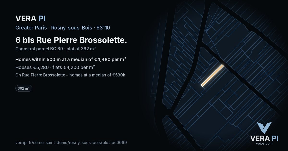 6 bis Rue Pierre Brossolette, Rosny-sous-Bois at night – the plot lit, the parcels around coloured by the prices near them