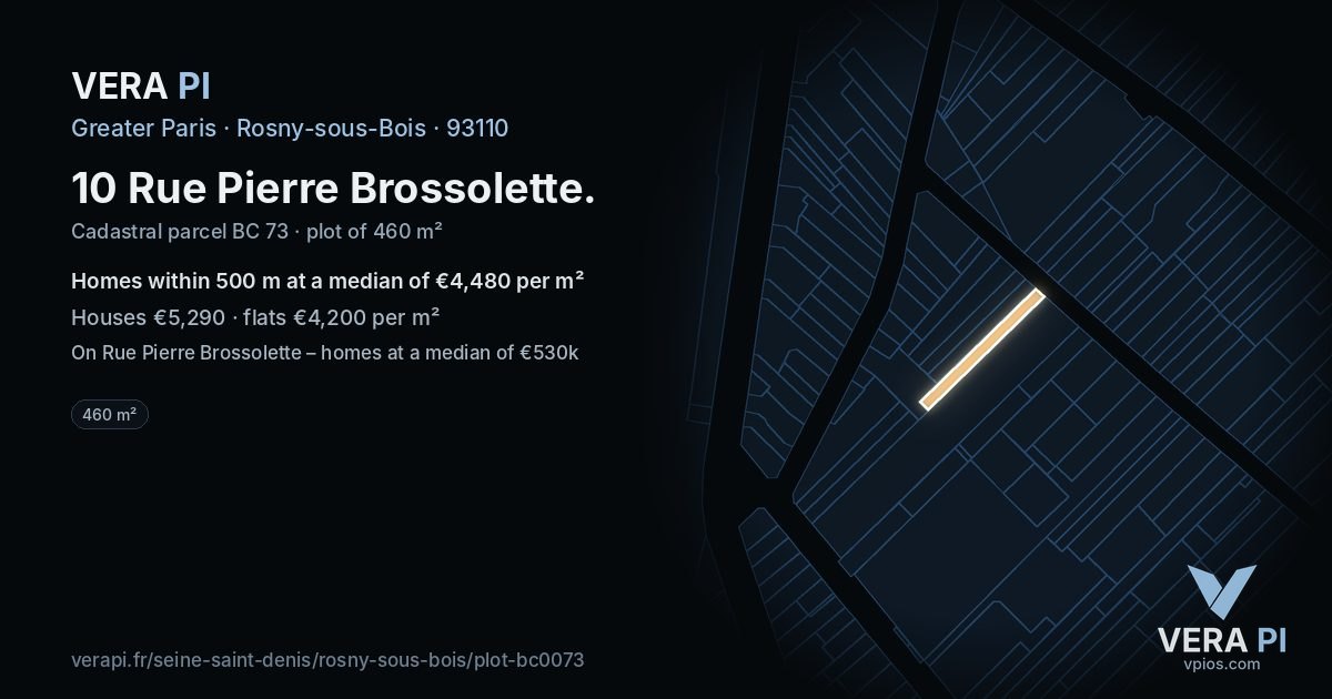10 Rue Pierre Brossolette, Rosny-sous-Bois at night – the plot lit, the parcels around coloured by the prices near them