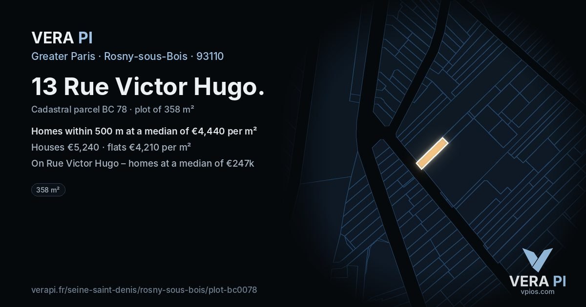 13 Rue Victor Hugo, Rosny-sous-Bois at night – the plot lit, the parcels around coloured by the prices near them